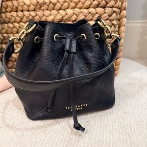Ted Baker Black Pebbled Leather Drawstring Mini Bucket Bag with Gold Hardware